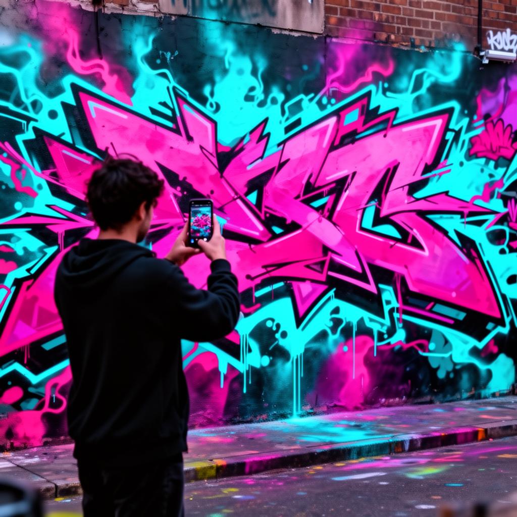 A challenger photographing a vivid city mural